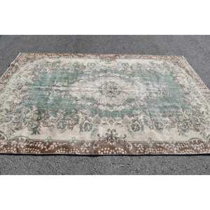 Tapis en laine vintage de grande surface 6 X 9.5ft Patchwork vert et marron avec motif abstrait pour chambre d'ado Jute soutenu en latex - Product Image 3