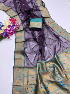 Sari Paithani en soie douce de qualité supérieure pour femme, avec pallu tissé Zari, bordure contrastante Zari Meena et motifs Butti, fabriqué en Inde, en stock - Product Image 5
