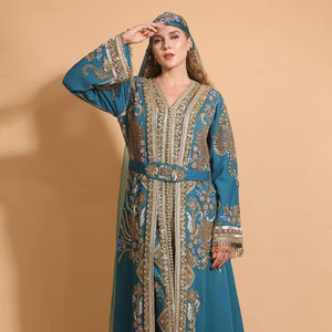 Caftán Marroquí de Lujo Azul Verde Azulado con Bordado Dorado y Pedrería, Vestido de Novia Modesto - Product Image 1
