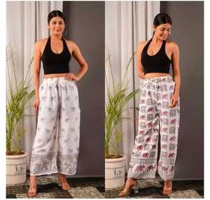 Pantalones Palazzo bohemios para mujer, pantalones acampanados de cintura media cómodos con estampado de bloque de madera indio, estilo étnico - Product Image 1