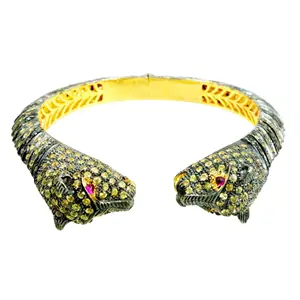 14K Kuning Emas Pave Berlian Ruby dan Safir Bangle Gelang Hewan Perhiasan 925 Sterling Silver Gemstone Perhiasan Produsen