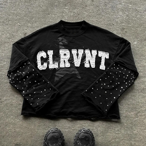 2025 personnalisé en détresse broderie T-Shirts surdimensionné à manches longues Double couche strass t-shirts hommes - Product Image 1