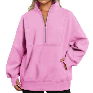 Haute qualité couleur rose à manches longues demi fermeture éclair col roulé mode décontractée col roulé fermeture éclair à capuche courte pour les femmes - Product Image 1