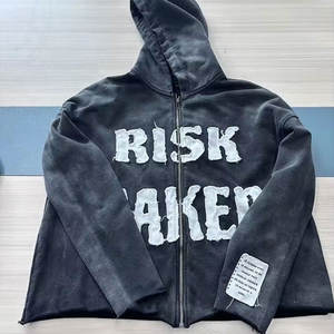 Sudadera con capucha de forro polar para hombre, con cremallera, bordado, estampado digital, diseño desgastado y efecto desgastado - Product Image 4