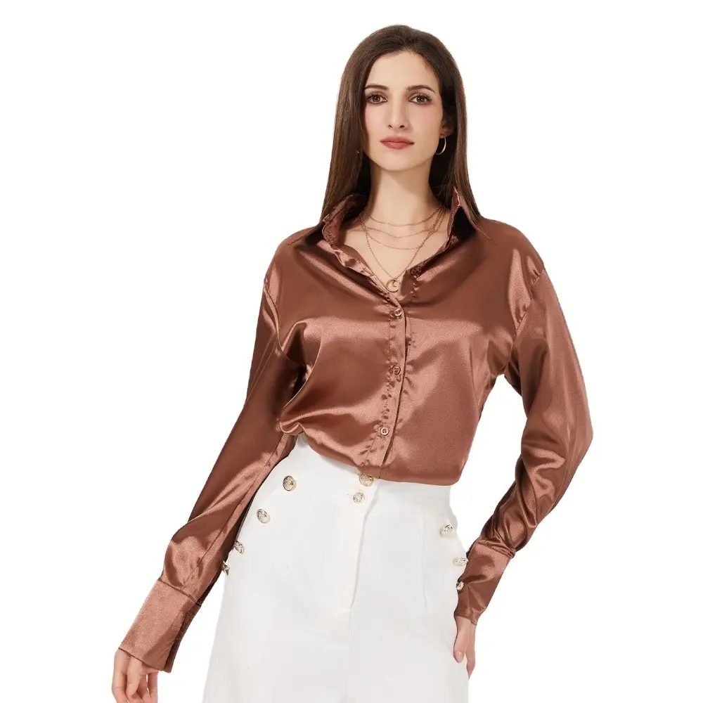 Top Selling Brown Simplicity Satin Full Sleeve Blouse For Women By Indian Exporters Hot Sale Casual Clothes Custom OEM Wholesale