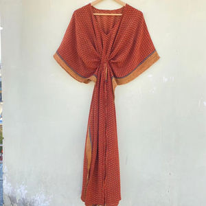 <b>Vintage</b> Red Indian Handmade Silk Kaftan for Her Lightweight and Quick Dry Perfect Gift for Summer Autumn Spring - Product Image 1