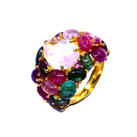 Bague classique en argent sterling 925 pour dames Quartz rose Multi Tourmaline pierres précieuses plaqué or pour tenue de fête