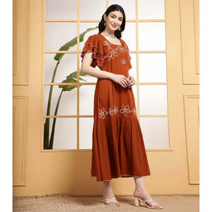 Deebaco Women's A-Line Brown Viscose Maxi <b>Dress</b> Ruffle Sleeves Scoop Neck Loose Fit Summer Dropped Waist Pockets - Product Image 5