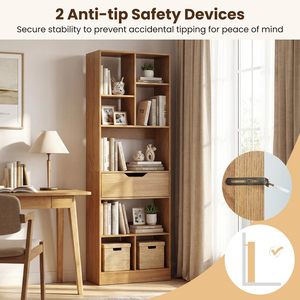 Modern Narrow Tall Bookshelf with Drawer Wooden Bookcase Open Display <strong>Shelf</strong> Storage <strong>Unit</strong> for Small Spaces Living Room Corner - Product Image 6