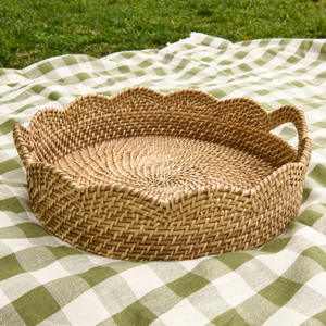 Plateau de rangement rond en rotin avec bord ondulé, design bohème, pour organiser la table, matériau naturel non fini, à un seul niveau - Product Image 2