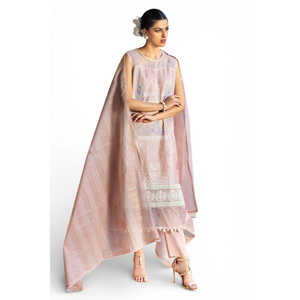 Ensemble 3 pièces élégant brodé en tissu Dobby avec imprimé floral, coupe trapèze, taille naturelle, et dupatta en tissu transparent brodé Zari - FE-52024 - Product Image 3