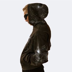 Sudadera con capucha personalizada 100% algodón con diamantes de imitación de gran tamaño hombro caído cremallera parche de peso pesado bordado Streetwear Sudadera con capucha para hombres - Product Image 3