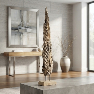 Handcrafted <b>wooden</b> leaf lumintu stand sculpture <b>rustic</b> teak carved feather statue <b>wooden</b> base table accent decor setup unit item - Product Image 4