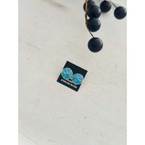 Zuni Handmade Kingman Turquoise & Sterling <b>Silver</b> <b>Stud</b> <b>Earrings</b> Geometric Inlay Design - Product Image 3