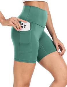 Leggings de yoga pour femmes à taille haute personnalisés, shorts de cycliste avec poches latérales, contrôle du ventre, respirant, entraînement, taille élastique, uni - Product Image 4