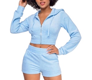 ชุดเซ็ตฮู้ดดี้ครอปซิปและกางเกงขาสั้นสำหรับผู้หญิง ดีไซน์ใหม่ แบบสั่งทำได้ OEM เสื้อท่อนบนแบบดิสเทรสสีพื้น และกางเกงขาสั้นตะเข็บต่ำ OEM ชุดเซ็ตผ้าฝ้าย 100% - Product Image 2