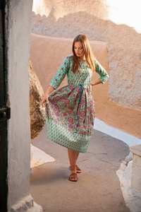 Robe Zahara imprimée à la main, robe bohème en coton, décontractée, occasionnelle, vacances, été, florale, turquoise, rose - Product Image 3