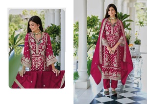 Último trabajo de bordado pesado Kurti Palazzo Dupatta conjunto suave tela de Organza floreciente estilo indio y pakistaní - Product Image 6