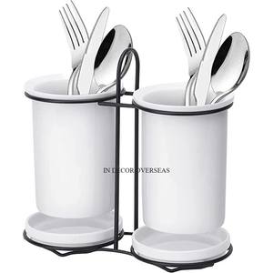 Hot Selling White Color Powder Coated High Standard Quality Metal Made <b>Cutlery</b> Flatware Set Holder With Wooden <b>Stand</b> From India - Product Image 3