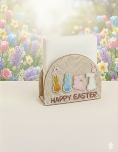 Nouveau support de serviette de table brodé pastel élégant avec lapin de Pâques, décor de table de printemps multi-lapins à sequins scintillants - Product Image 1