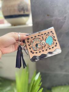 New arrival Cowhide Fur Leather Coin <b>Purse</b> Stylish Clutch <b>Slim</b> Wallet Turquoise Color Hand Tooled Leather Western Unisex <b>Purse</b> - Product Image 3