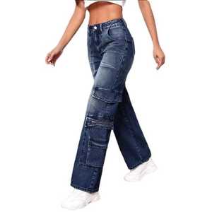 Femmes 100% coton nouveau jean Cargo ample jambe droite avec bouton décoration respirant mode pour printemps été automne hiver - Product Image 1