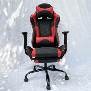 Gaming Chair 7188 Chinese-Style <b>Adjustable</b> Height Black & Red with <b>Footrest</b> Home Office Metal Frame & PU Cushion - Product Image 3