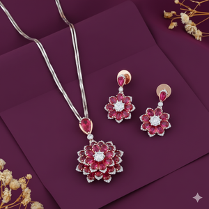 LIGHT FLOWER OF MOISSANITE DIAMONDS AND <b>PINK</b> STONE EARRINGS AND PENDENT <b>SET</b> - Product Image 1