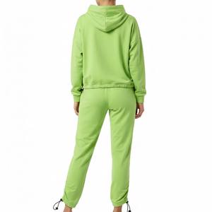 <b>Neon</b> Green Women One Set Tracksuit Adjustable Bungee Cord Toggle Hem Hoodie Pants Elastic Cuff Drawstring Short 100% Cotton - Product Image 2