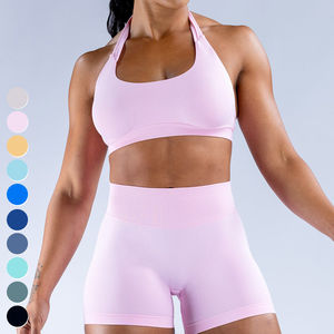 Conjuntos de mujer con logotipo personalizado, Sujetador deportivo, mallas de entrenamiento, pantalones cortos, traje de 3 piezas, conjuntos de fitness de gimnasio de alta elasticidad, conjunto de Yoga sin costuras para mujer - Product Image 4