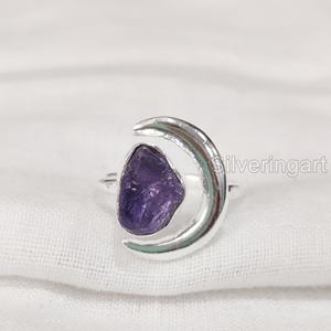 Rough Stone Jewelry Womens <b>Ring</b> Natural Amethyst Gemstone February Birthstone Crescent Moon <b>Adjustable</b> 925 <b>Sterling</b> <b>Silver</b> <b>Ring</b> - Product Image 3