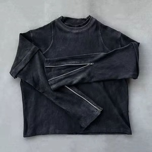 Customized Unisex Black Double Layer Detachable Long Sleeve Acid Washed Vintage <b>Waffle</b> Knit T-<b>shirt</b> - Product Image 1