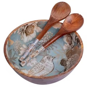 Handmade Mango Wood <b>Bowl</b> with <b>Enamel</b> Print Decorative Design with Spoon for Serving Salads in Restaurants Hotel - Product Image 1