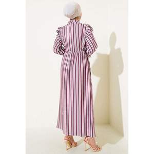 Burgundy Striped Buttoned Shoulder Ruffle <b>Dress</b> Long Sleeves <b>Sexy</b> <b>Club</b> Style Custom Knee-Length Diamond for Birthday Parties - Product Image 1
