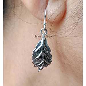 Handmade 925 Sterling Silver Dangle Drop Earrings Women's Boho Silver <b>Leaf</b> Design Unique Plant Pattern Gift - Product Image 3