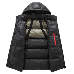 Veste d'extérieur matelassée légère et imperméable pour homme, avec capuche et fermeture éclair intégrale, en duvet de canard, avec logo imprimé en polyester, style OEM - Product Image 5