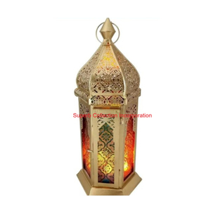 Stylish Moroccan Style Gold Metal Lantern With Blue Handmade Decorative Candle Holder For Home Decor And Ramadan Decoration - Product Image 5