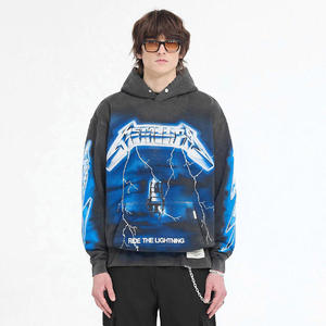 OEM Custom Acid Wash Hoodie Men Screen Print logo Heavyweight French Terry Fleece Vintage Distressed Lightning bolt Hoodie - Product Image 4