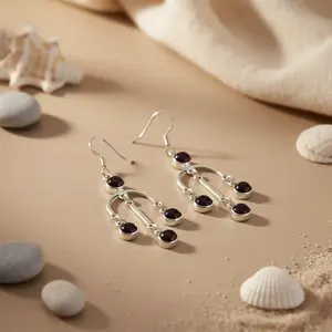 Boucles d'oreilles pendantes en argent 925 plaqué or 18 carats avec pendentif en grenat, boucles d'oreilles pendantes en or blanc pour femmes avec diamant et perle - Product Image 1