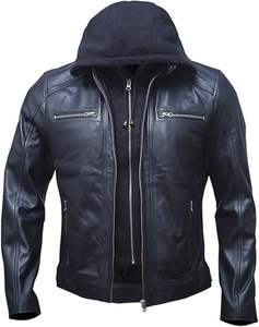 Chaqueta de piel de cordero auténtica para hombre con cremallera desmontable Capucha con cordón negro marrón cuello de pie capucha de lona extraíble - Product Image 1