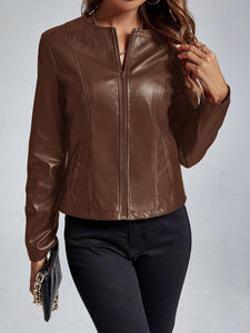 เสื้อแจ็กเก็ตหนัง PU ปกตั้งสำหรับผู้หญิงเสื้อโค้ทขี่มอเตอร์ไซค์ขนาดพิเศษมีกระเป๋าเสื้อกั๊กหนังย้อมสีเรียบ - Product Image 5