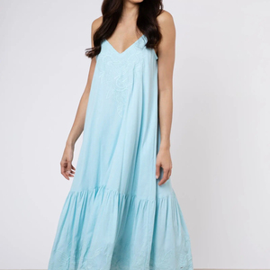 Turquoise V Neck Midi <b>Dress</b> Cut Embroidery Floral Pattern A-Line Silhouette Summer 100% Cotton Hand Crafted Cut Detail - Product Image 1