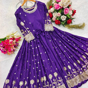 Designer Silk Party Wear Gown Cotty Set with Heavy <b>Embroidery</b> Work - Product Image 1