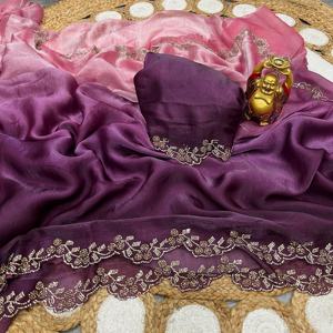 Hermoso Sari de seda espacial sombreado de diseñador con blusa elegante de diseñador, Sari de ropa de boda india y Sari de ropa de fiesta - Product Image 1