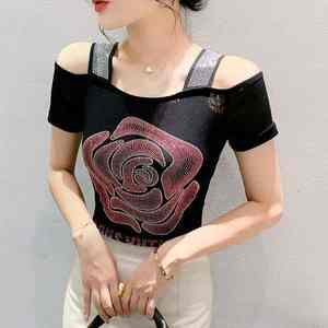 <b>Women's</b> Multi Pattern Print Off Shoulder Rhinestone Shiny <b>Sequined</b> Clothes Tee <b>Tops</b> Nightclub Short Sleeve Shirts Party T-shirt - Product Image 5