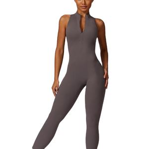 Combinaison de sport sans couture pour femme avec fermeture éclair frontale, effet sculptant, très élastique, sans manches, pour yoga et gym - Product Image 1