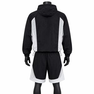 Men's <b>Black</b> White Color Block Hooded Tracksuit Lightweight Breathable Sporty Full Sleeve Zipper Jogging Suit Shorts Set - Product Image 2