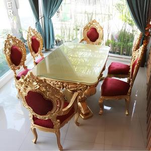 Juego de Comedor Clásico Francés de Lujo, Mesa de Madera Tallada Antigua, Sillas Tapizadas, Cubierta de Vidrio Rectangular, Muebles de 7 Piezas - Product Image 2