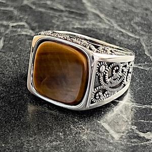Anillo de Plata de Ley 925 Vintage para Hombre, Estilo Floral, Joyería Turca Hecha a Mano, Gema de Ojo de Tigre Marrón, Engaste en Bisel, Corte Cuadrado - Product Image 3