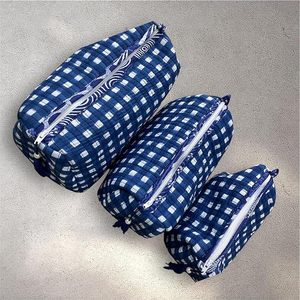 Handblock Cotton Vintage Eco-Friendly Travel Case Set 3 Waterproof Machine Washable Cosmetic Pouches Blue <b>Storage</b> <b>Bags</b> Makeup - Product Image 1